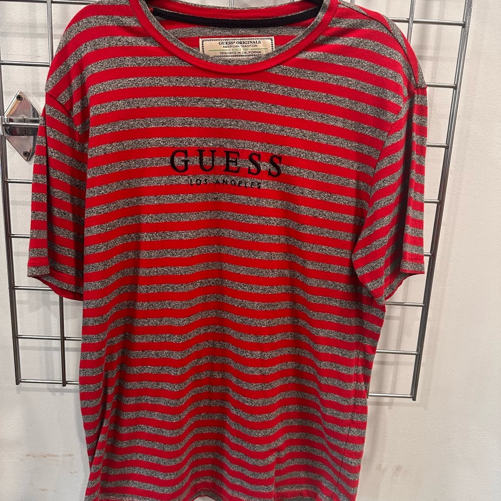 GUESS Red and Gray Striped Tee